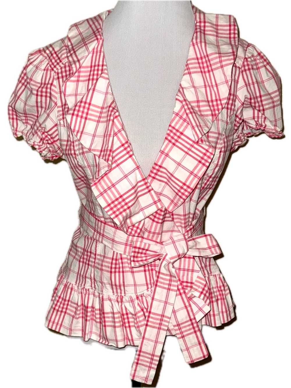 Pink & White Plaid Short Sleeve Belted Ruffle Peplum Jacket Top, Sz Lg